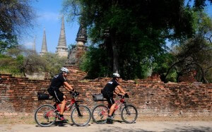 Ayutthaya police on bicycles in front of temple