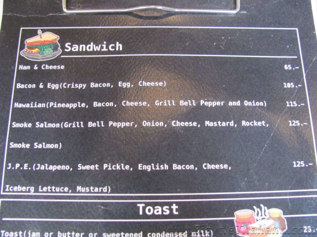 Velo Cafe at Hua Hin sandwich menu