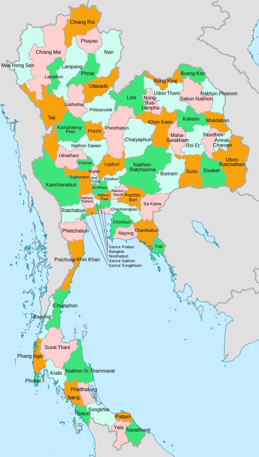 A clickable map of Thailand exhibiting its provinces.